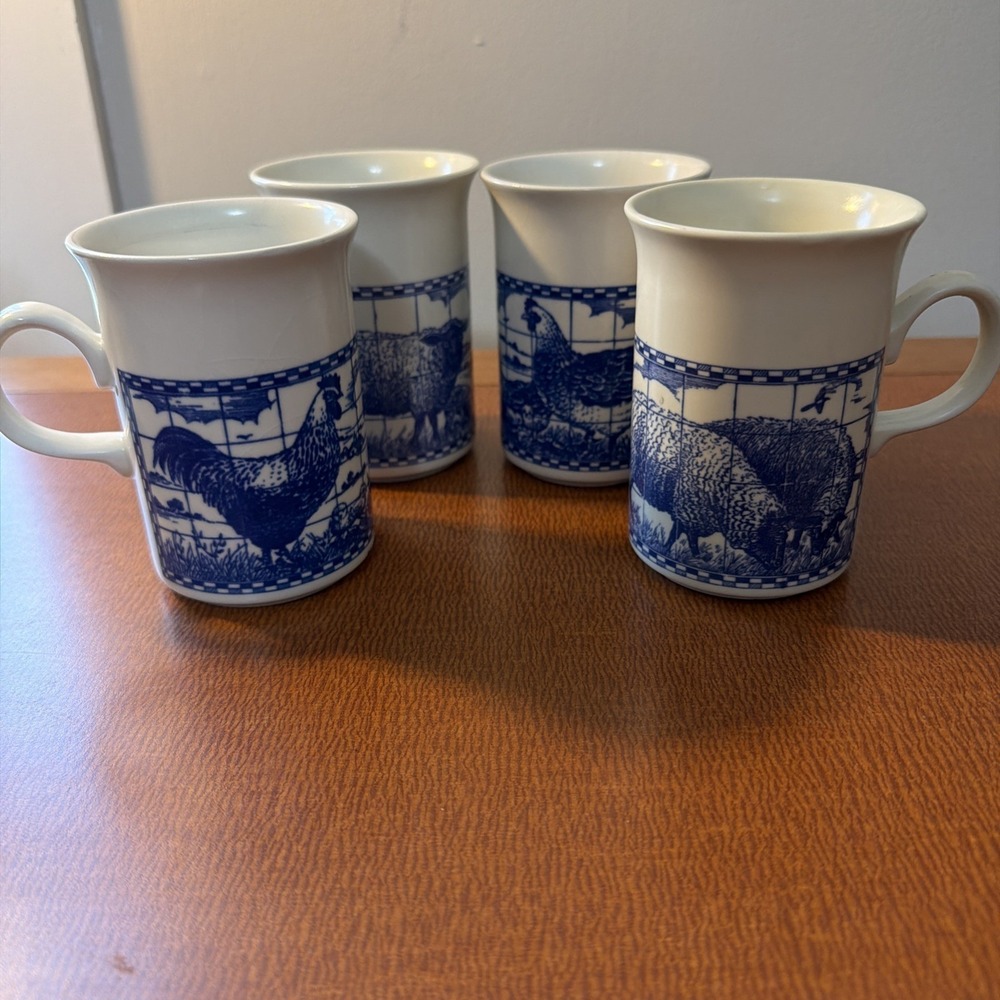 4 Vintage Churchill Farm Animals Tall Mugs Farmhouse England Blue & White